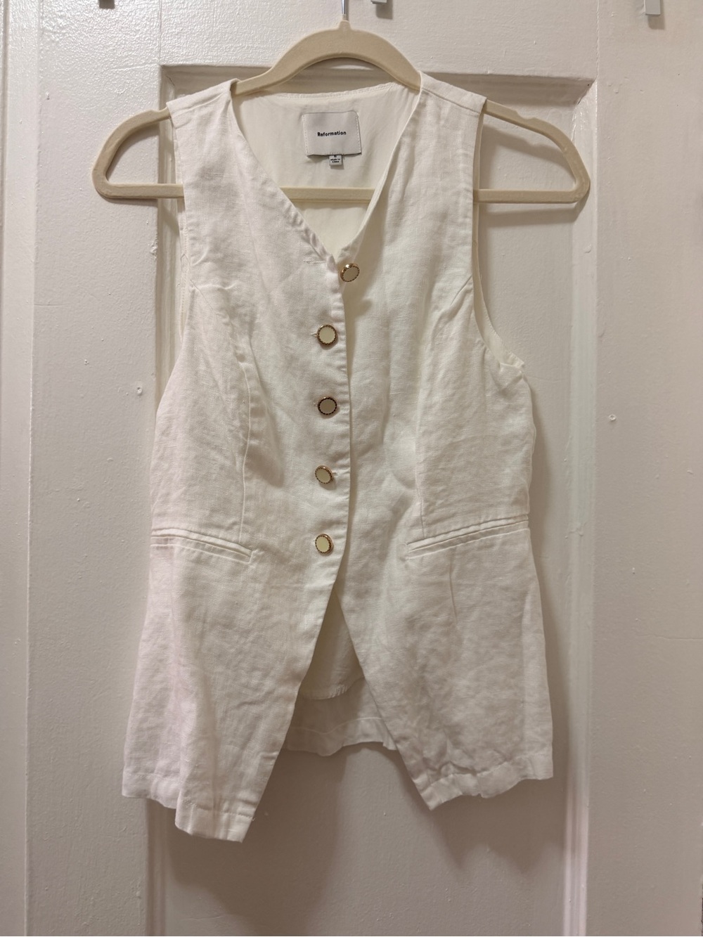 Reformation Cream Linen Button-Front Vest with Gold Buttons